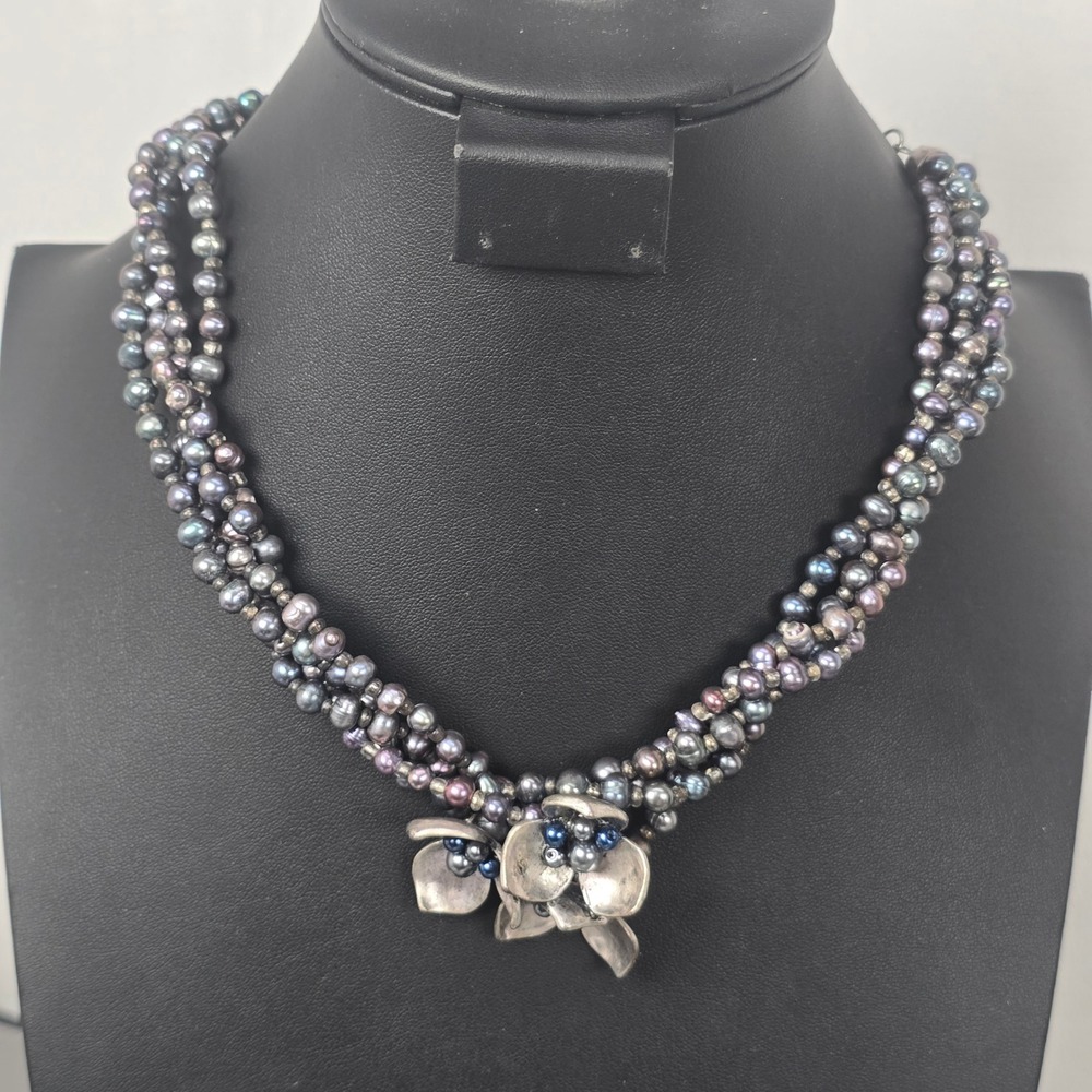 Coldwater Creek Peacock Grey Pearl Multi Strand Floral Statement Necklace 21"